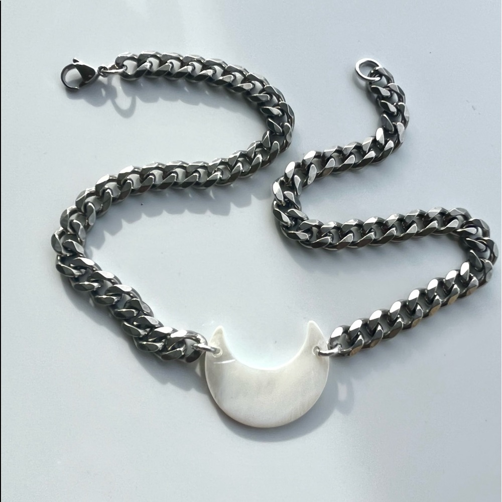 Mother of pearl moon stainless steel cuban link thick choker necklace boho - Picture 5 of 16